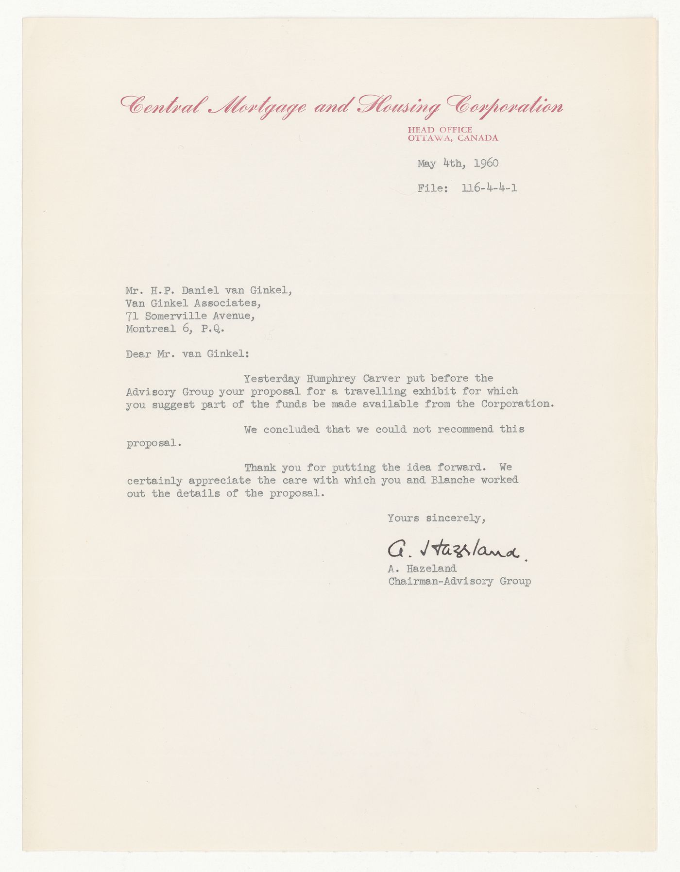 Letter from A. Hazeland to H. P. Daniel van Ginkel for CMHC Exhibition