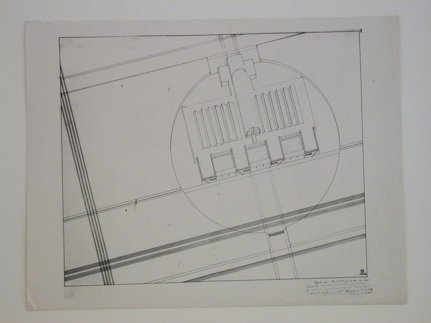 Photograph of a bird's-eye perspective drawing for an experimental design for a single-storey school, Soviet Union (now in Russia)