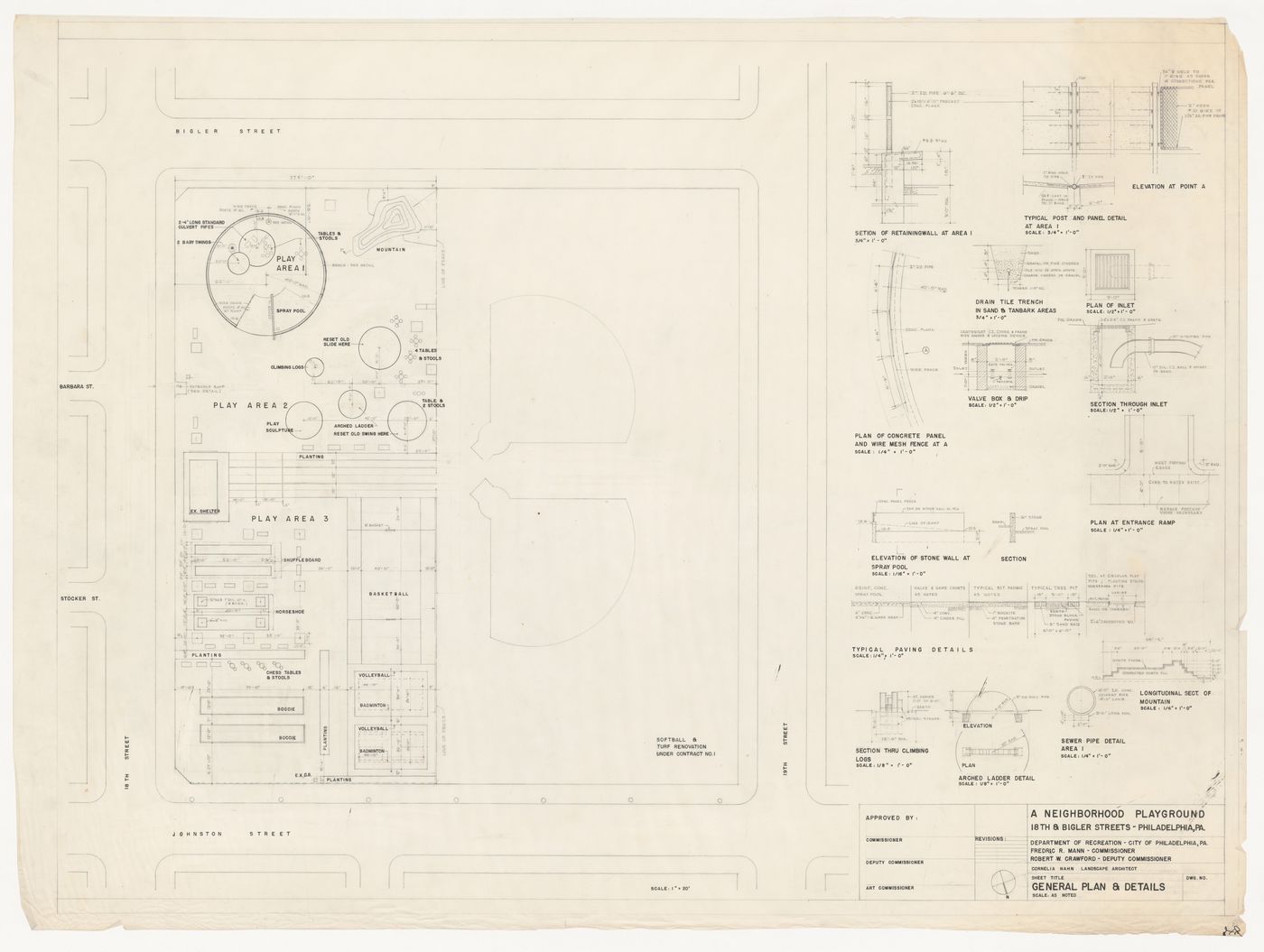 Site plan with details for recreational area at 18th and Bigler Streets, Philadelphia, Pennsylvania