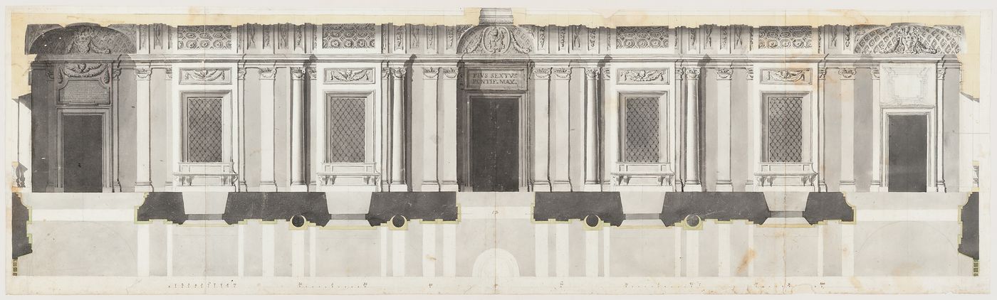 St. Peter's Basilica, Rome: plan and longitudinal section for the main gallery of the sacristy