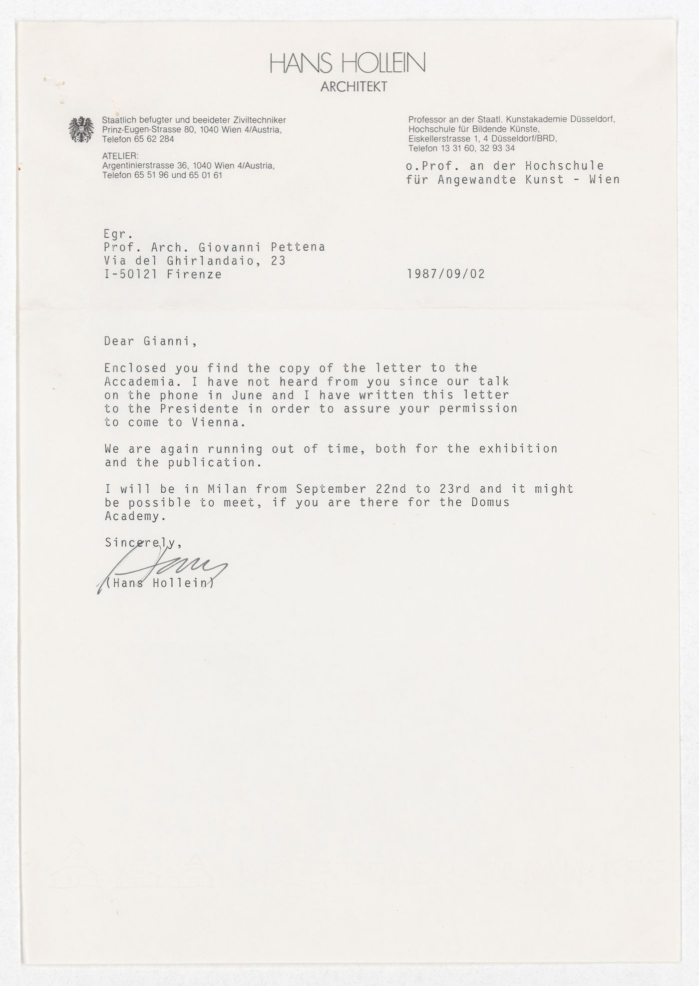 Outgoing correspondence from Hans Hollein for the exhibition Hans Hollein. Opere 1960-1988