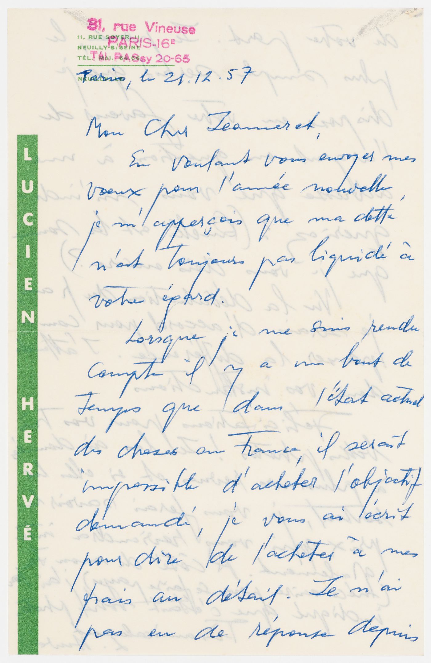 Lettre de Lucien Hervé à Pierre Jeanneret