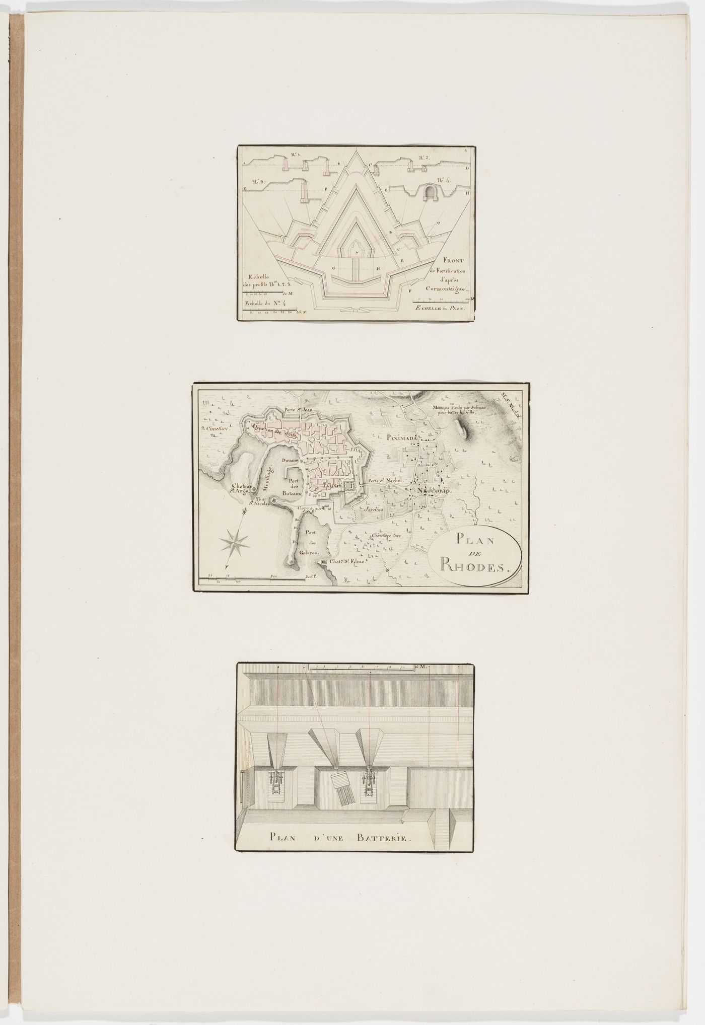 Partial plan and sections of fortifications; Map of Rhodes; Plan of a battery