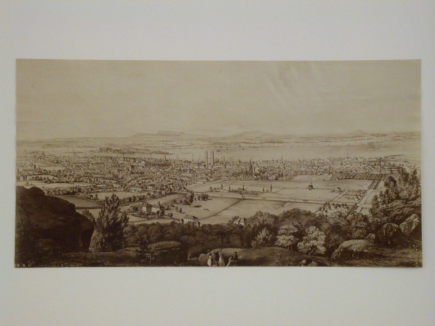 Photograph of a lithography titled "Montreal, Canada East", by Edwin Whitefield showing Montréal as seen from Mount Royal in the mid 19th century, Montréal, Québec