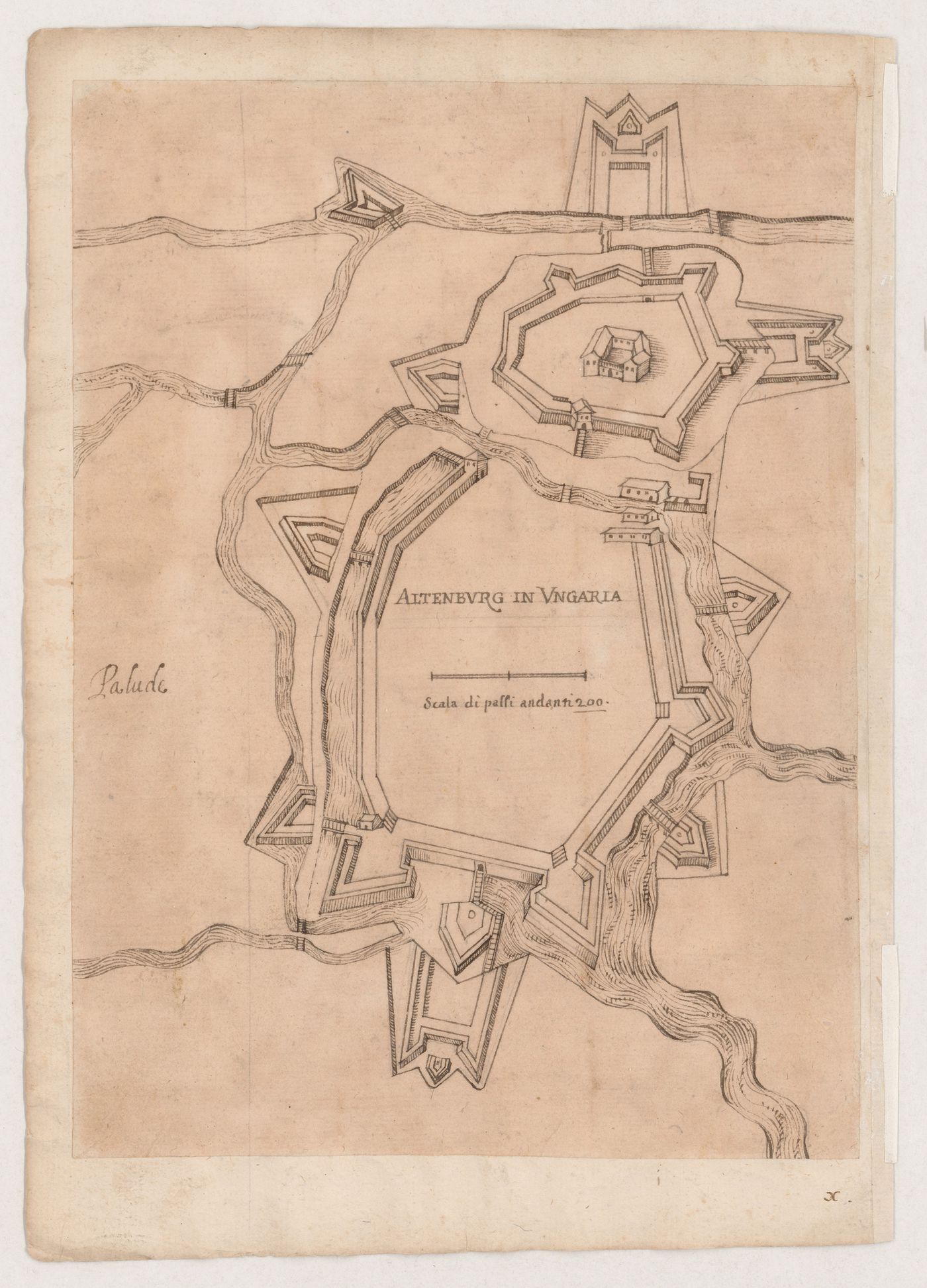Schematic drawing of the fortifications at Altenberg, Hungary; verso: Map of the mouth of the Po River