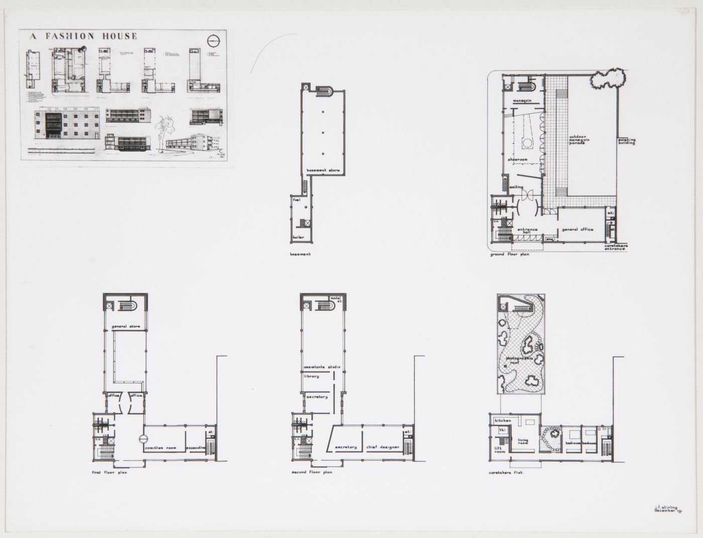 Fashion House: photograph of plans, elevations and perspective