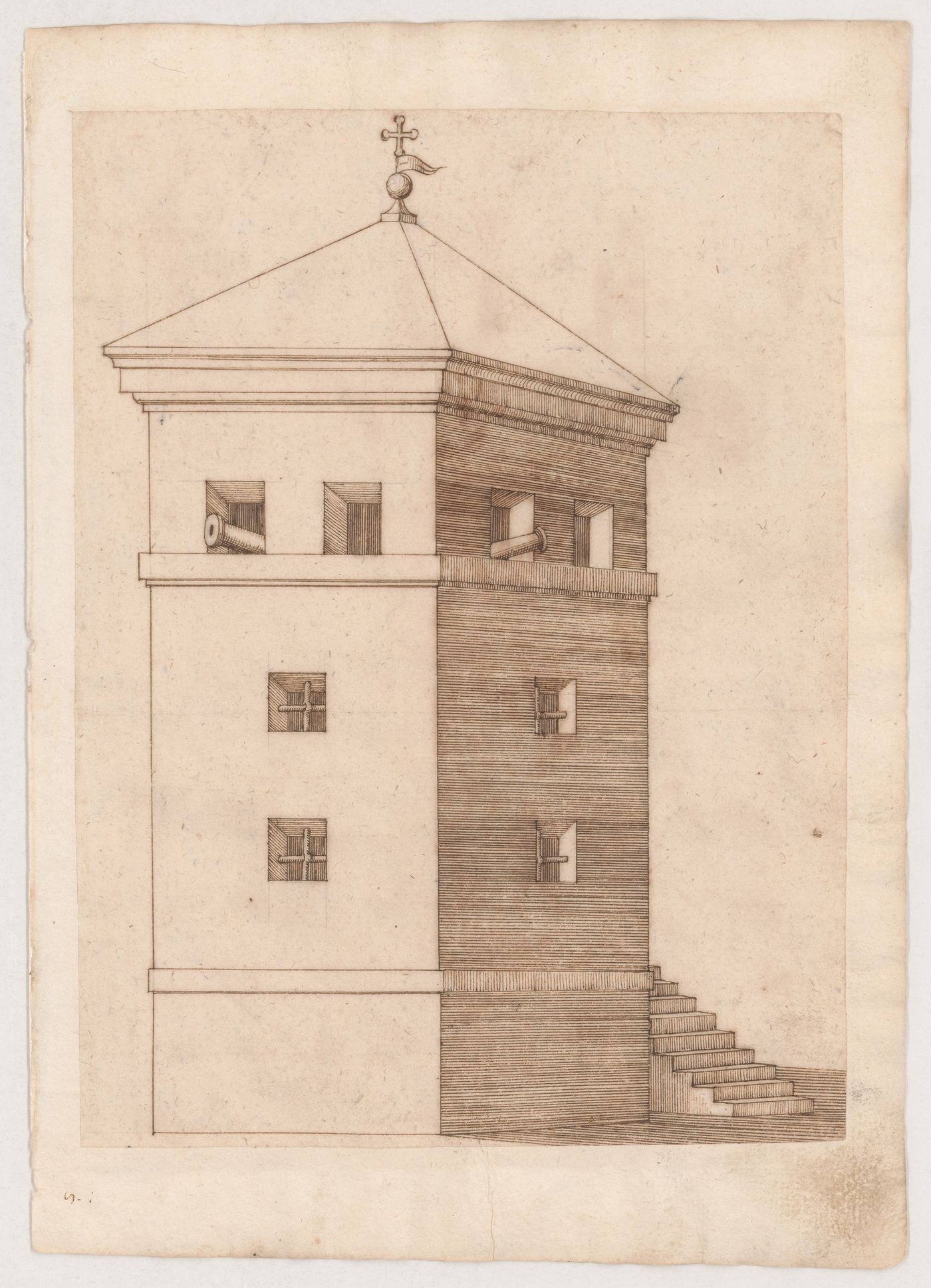 Elevation of a fortified tower with cannons; verso: View of the Ponte Felice, Borghetto; Offset images of a bridge and an architectural detail