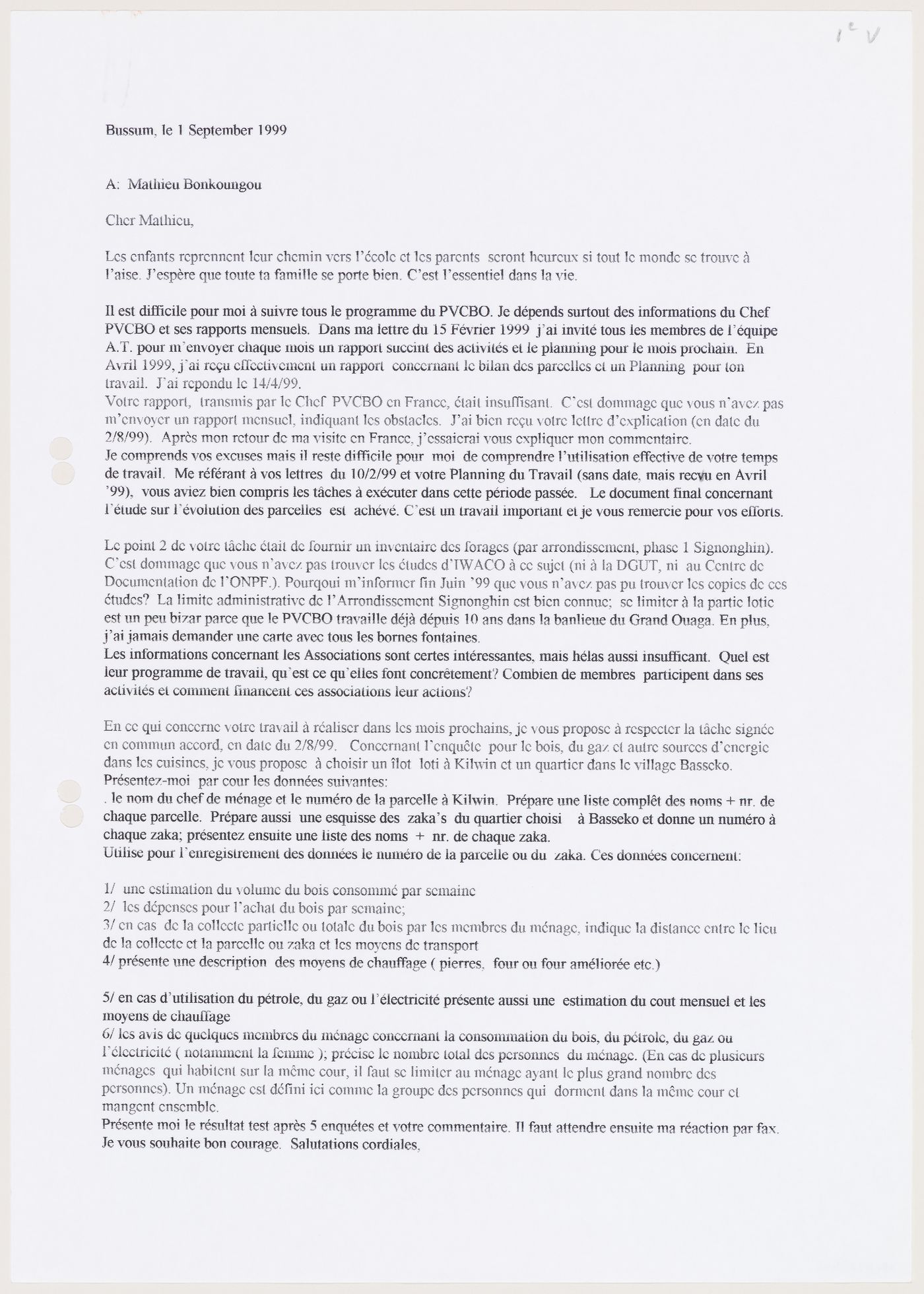 Two pages letter of Coen Beeker to Mathieu Bonkougou about drilling in a suburb of Ouagadougou, Burkina Faso