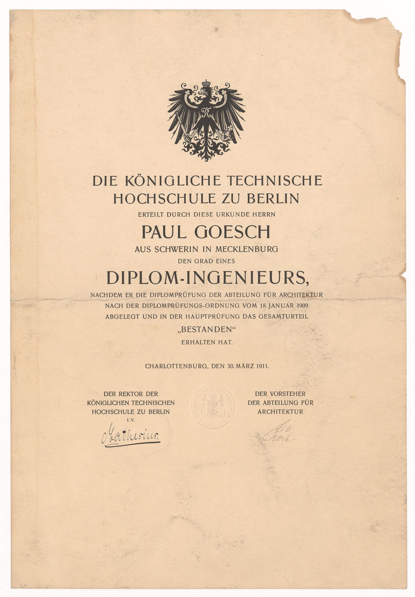 Paul Goesch's diploma from the Königliche Technische Hochschule in Berlin