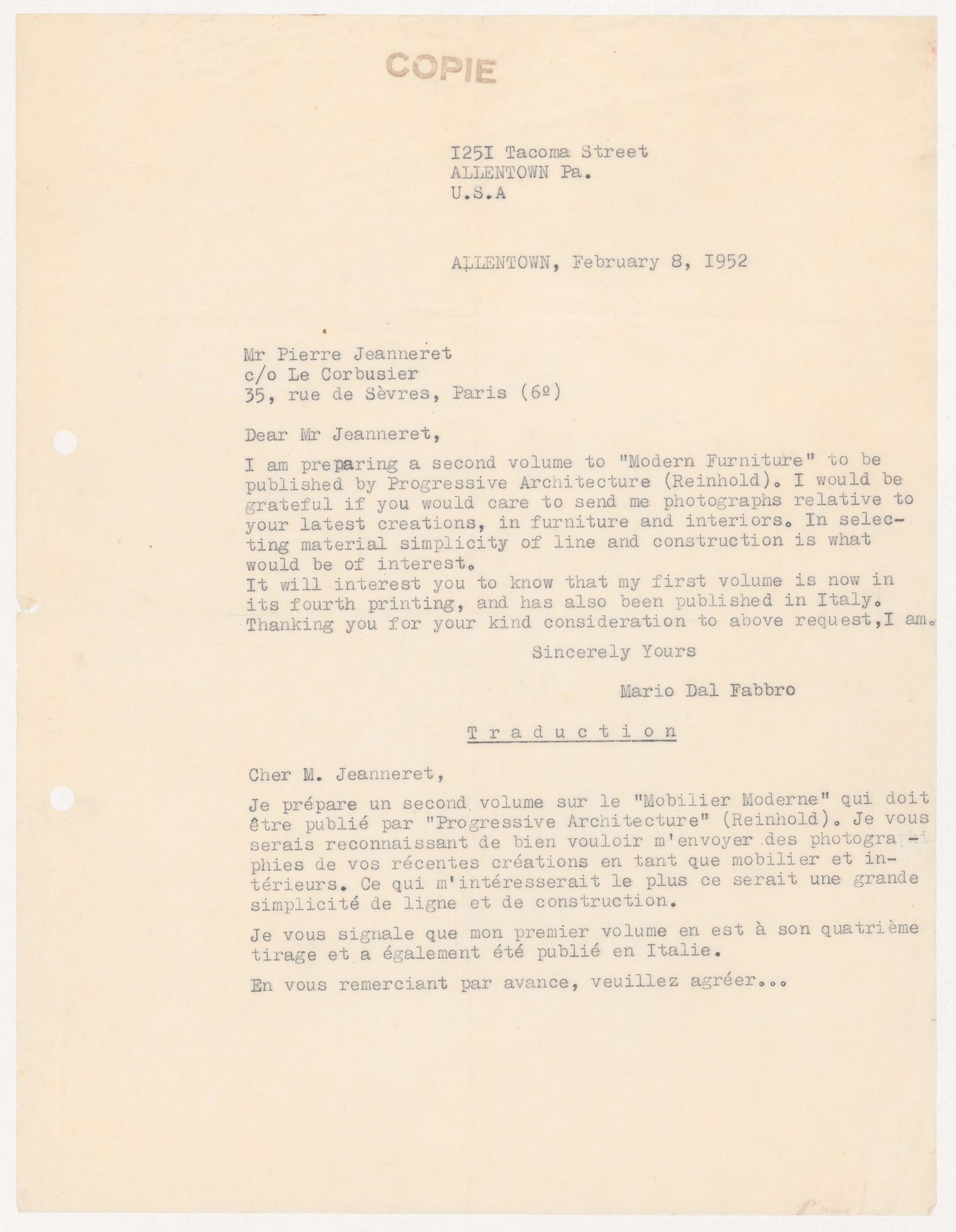 Transcript and translation of a letter from Mario dal Fabbro to Pierre Jeanneret