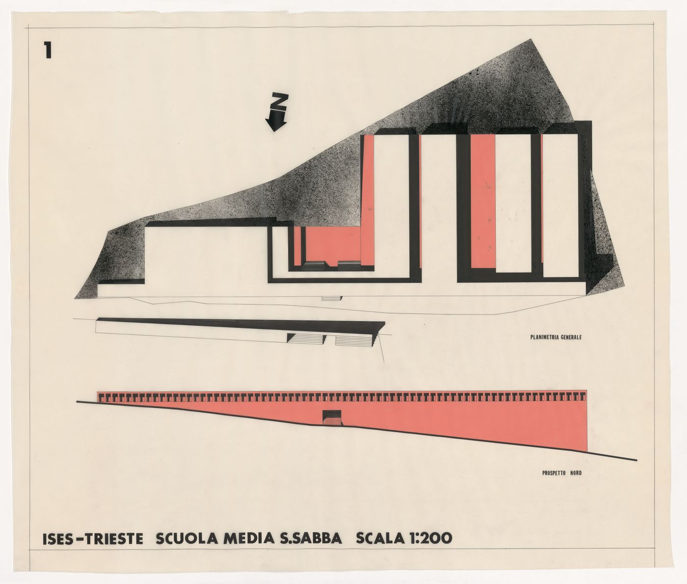 Plan and elevation for Scuola media a San Sabba, Trieste, Italy