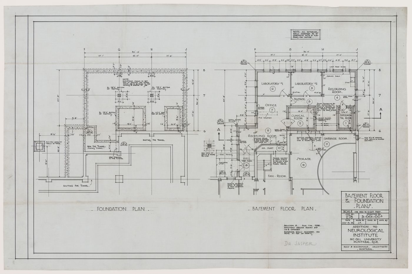 Basement floor and foundation plans for addition to Neurological Institute, McGill University, Montreal, Québec
