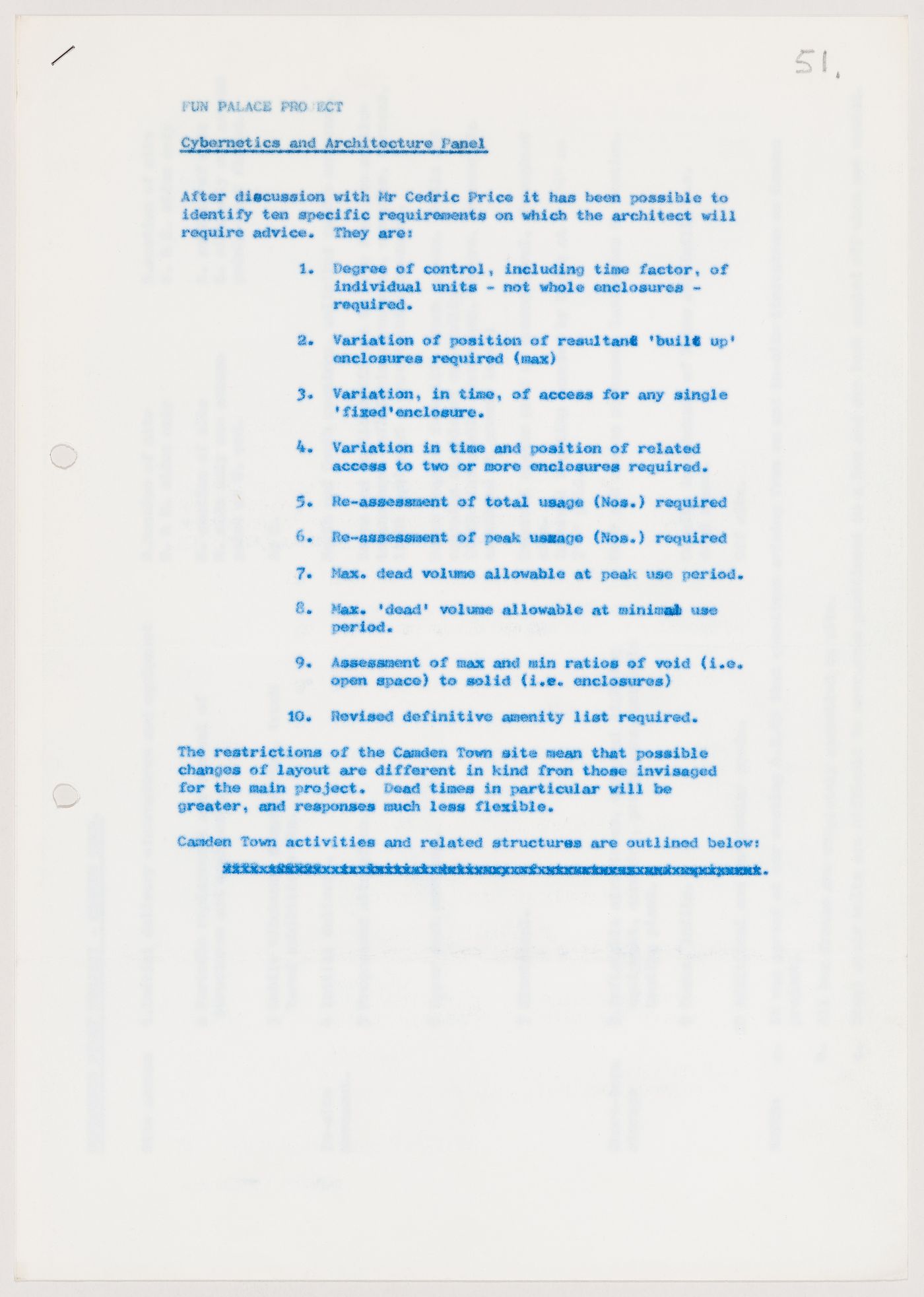 Document produced by the Cybernetics and Architecture Panel for the Fun Palace Project