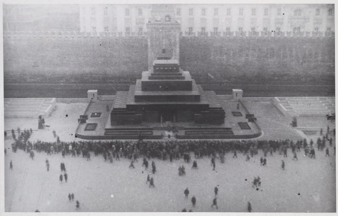 View of the stone Lenin Mausoleum from an elevated viewpoint, Red Square, Moscow