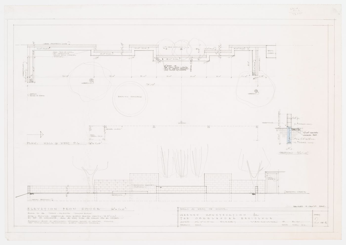 Garden construction for the Oberlander Residence: plan and elevation of the walls at the west of the house