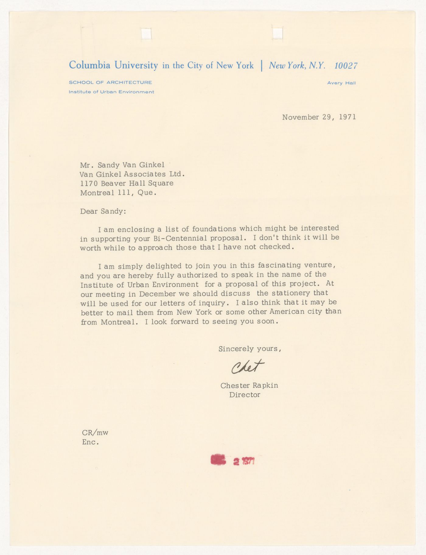 Letter from Chester Rapkin to to H. P. Daniel van Ginkel for United States One (U.S. 1)