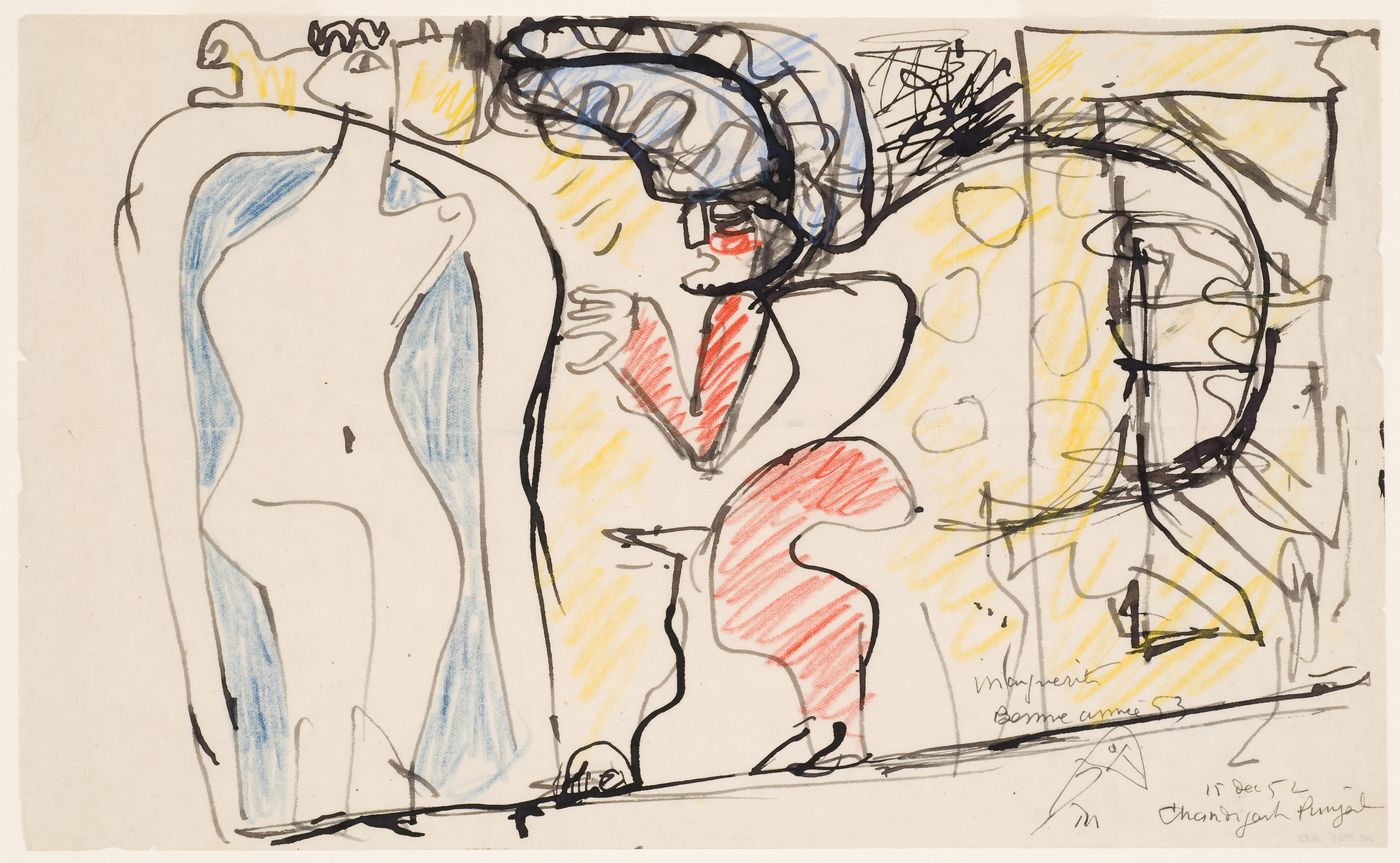 Drawing with New Year greetings from Le Corbusier to Marguerite Tjader Harris