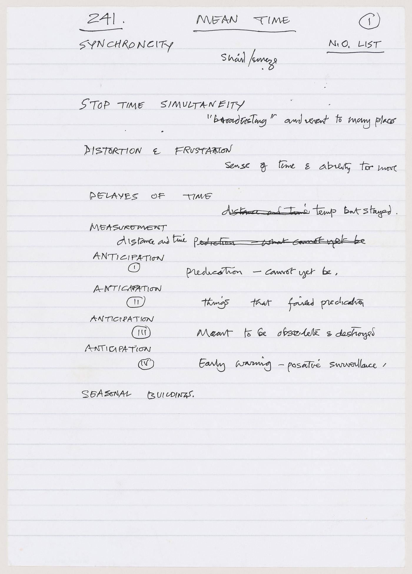 List of concepts related to the concept of time, compiled in the context of preparing the exhibition "Cedric Price: Mean Time" at the Canadian Centre for Architecture (document from Mean project records)