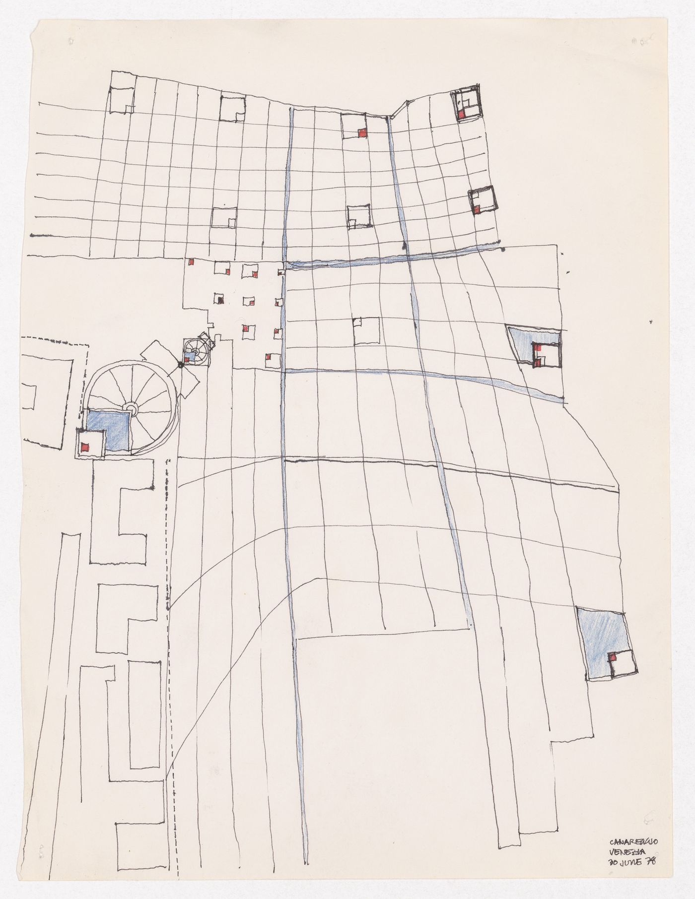 Sketch site plan with plan of S. Simeone Piccolo church at two different scales and deformed grid of houses for International Seminary of Design in the Area of Cannaregio-West, Venice, Italy