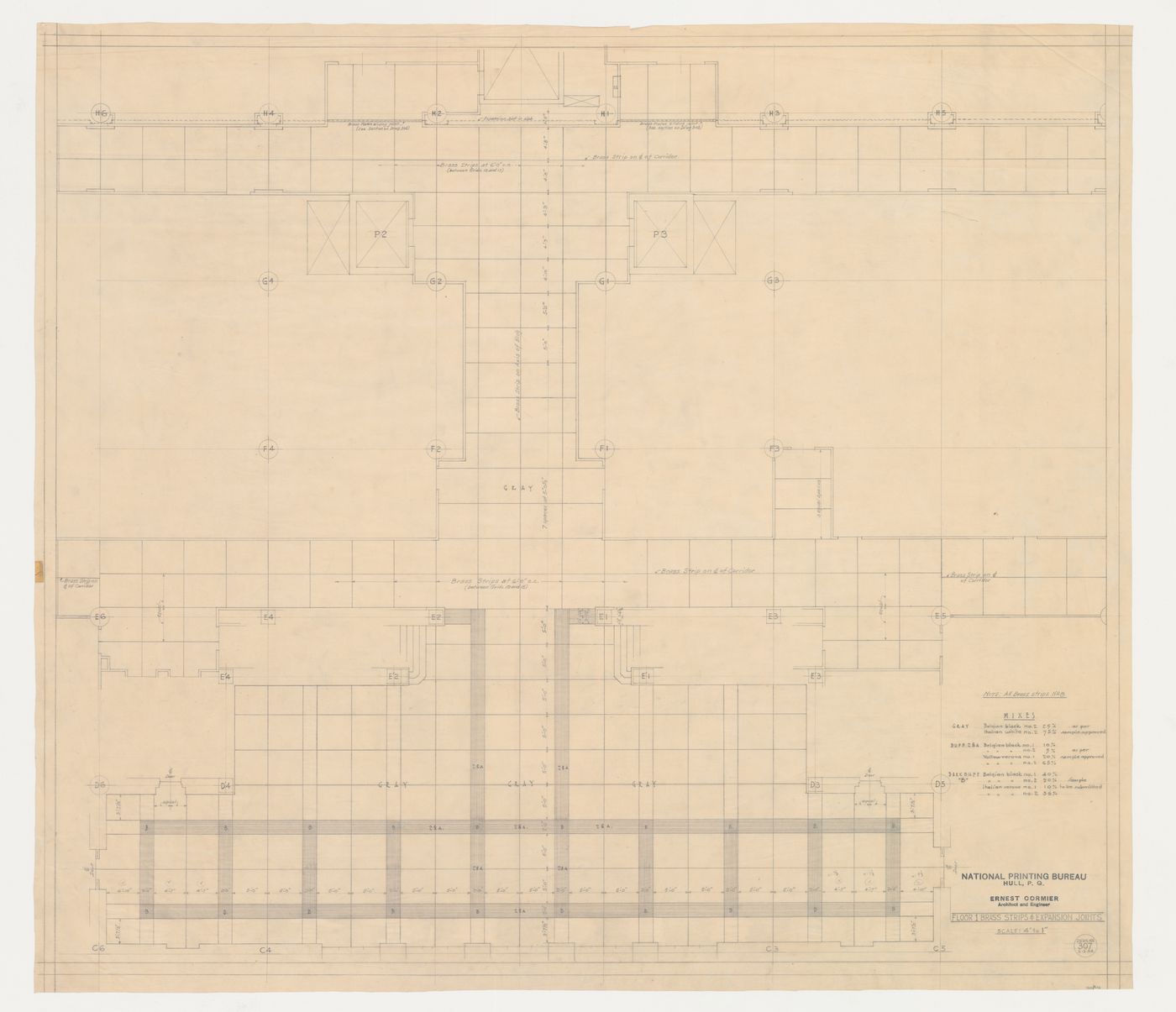 Plan du plancher de l'étage 1 : bandes de laiton et joints de dilatation, Imprimerie Nationale du Canada, Hull, Québec, Canada