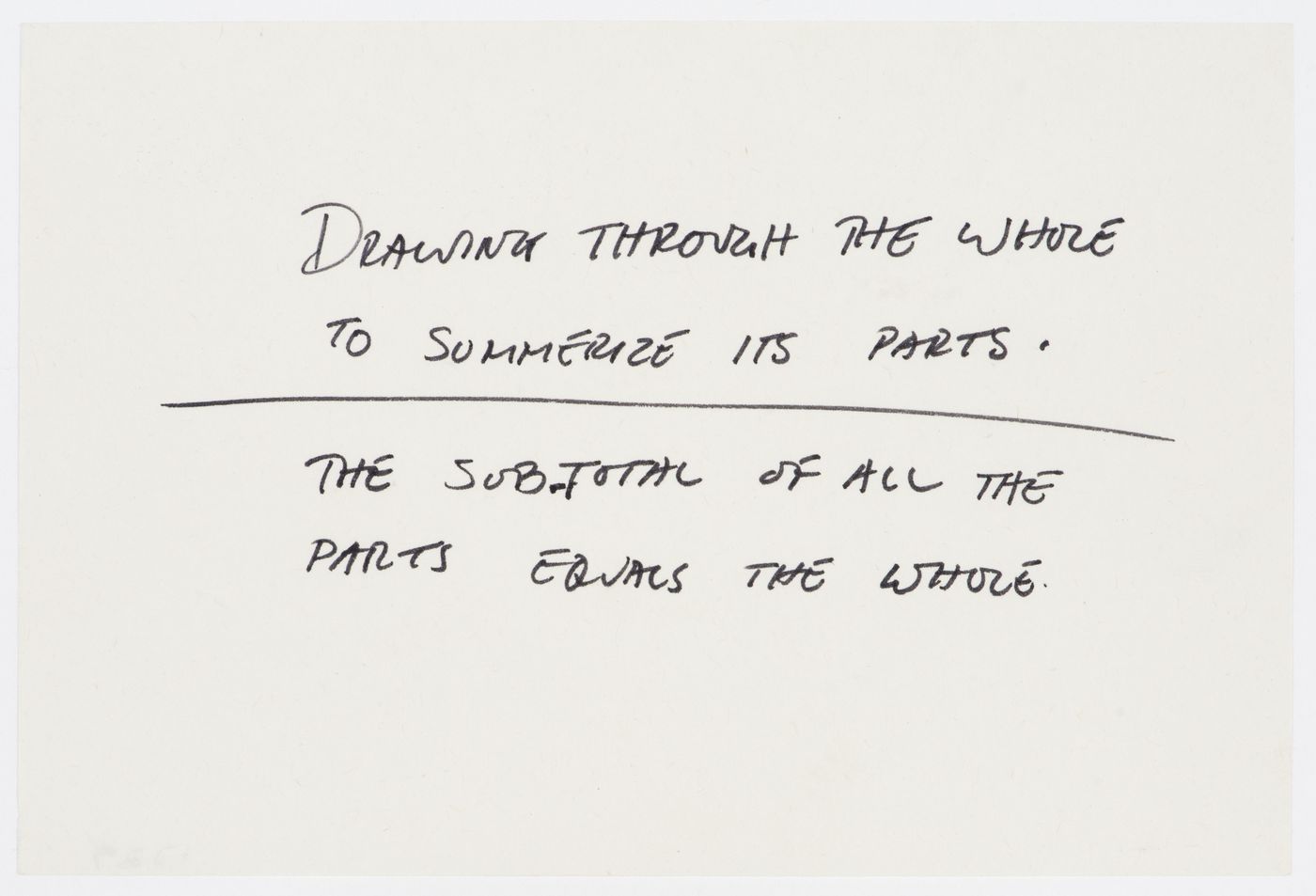 Drawing through the whole to summerize its parts. / The sub-total of all the parts equals the whole.