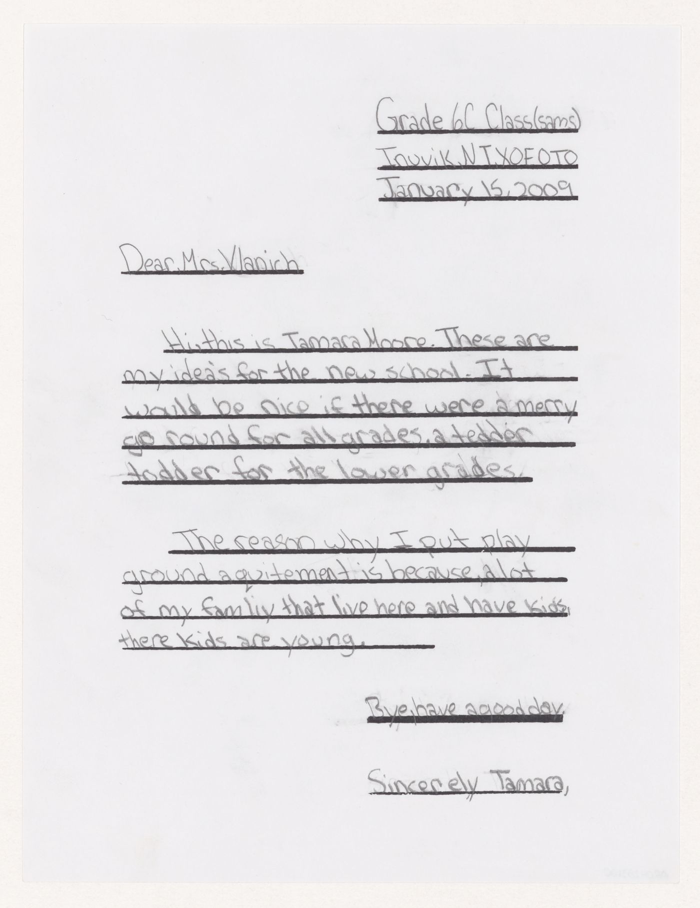 Letter from student for Inuvik School, Inuvik, Northwest Territories