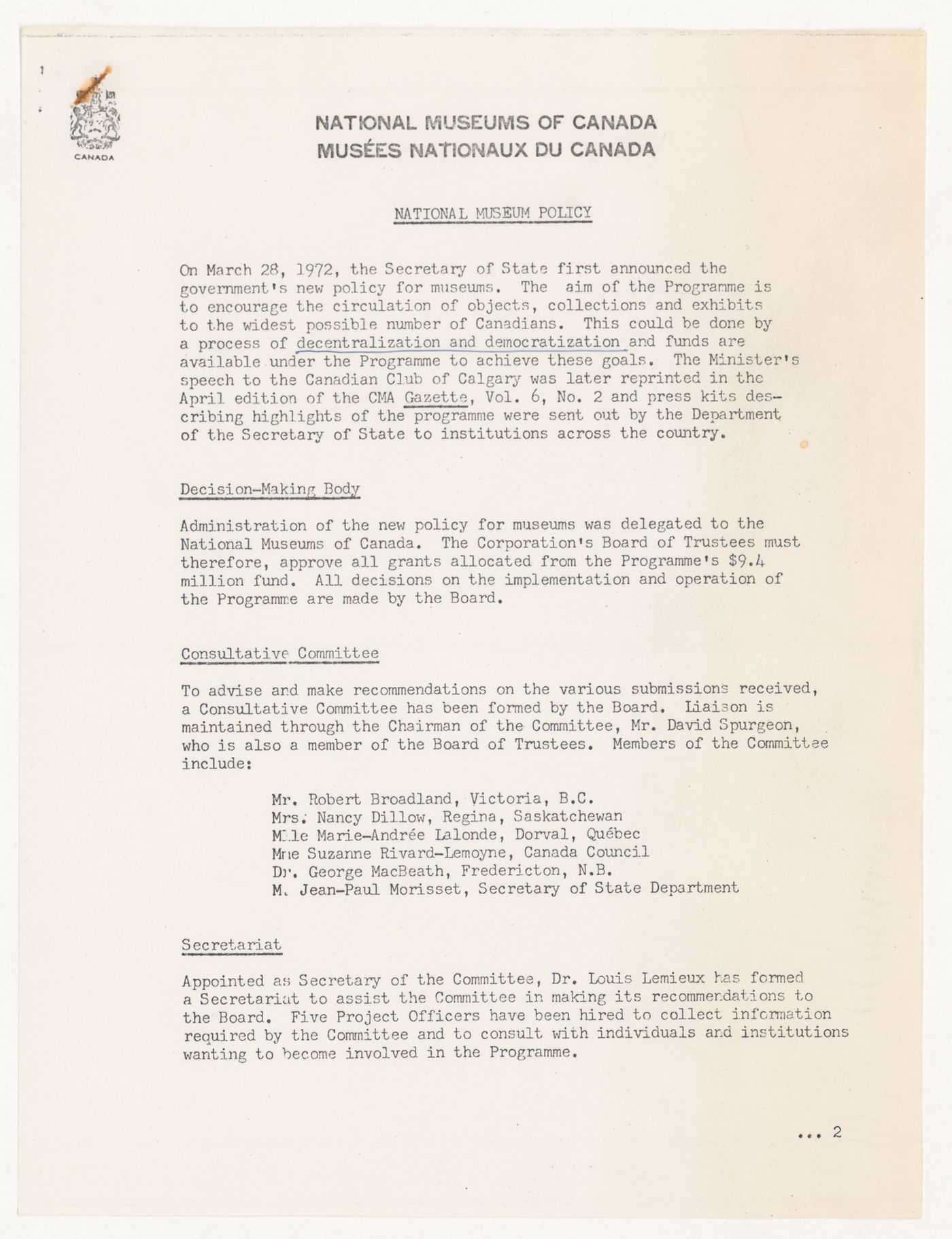 Policy statement by National Museums of Canada (from the project file Universal Modular Museum)
