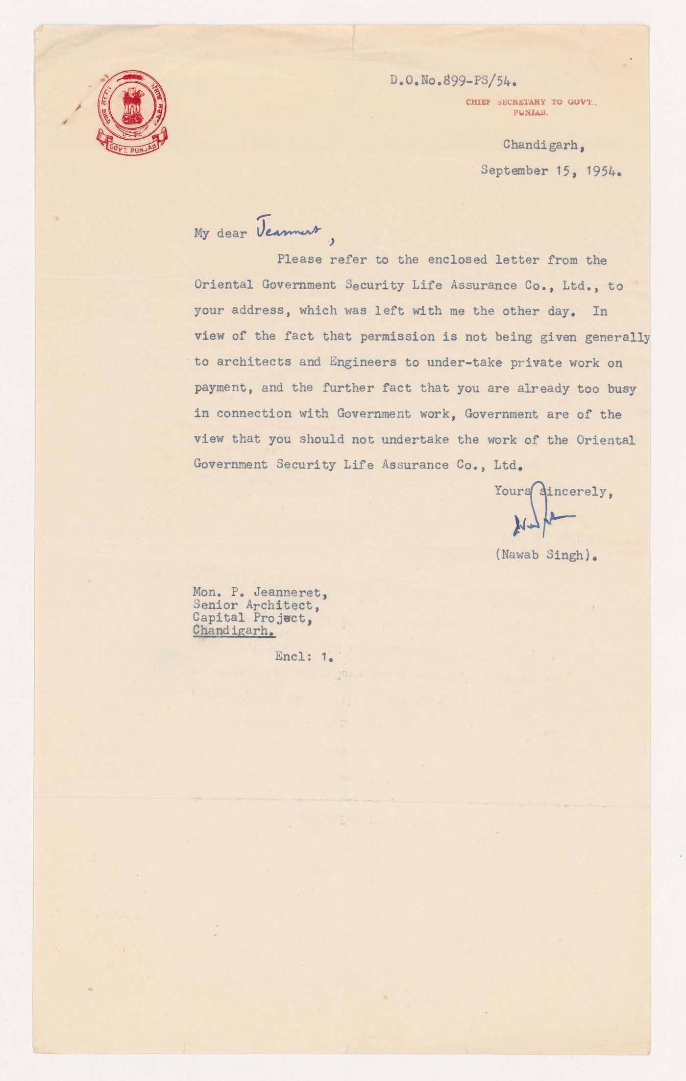 Letter from Nawab Singh to Pierre Jeanneret