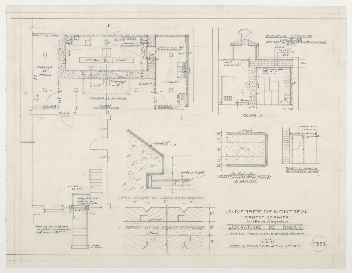 Plan et détails du laboratoire de radium, Pavillon principal et campus, Université de Montréal, Montréal, Canada (1924-1947)