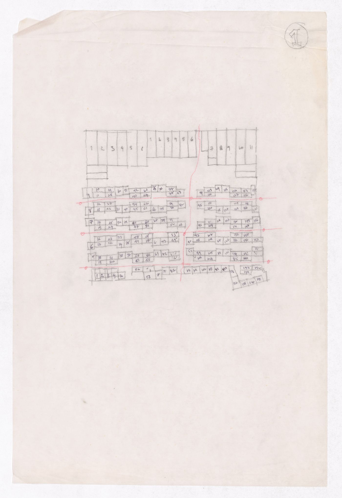 Sketch showing plots layout development for Minimum Cost Housing Group's plot in Aranya township, India, for Aranya Housing Project