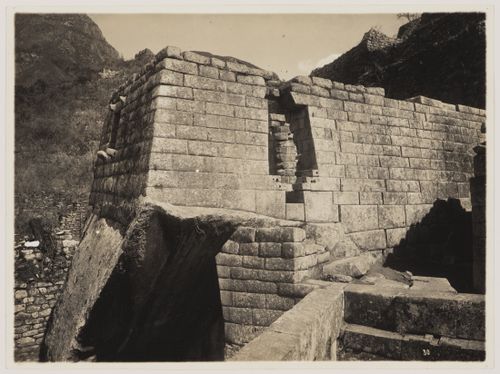 View of the Serpent Gate and Torreón with the entrance to the Royal Mausoleum and the principal liturgical bath, Machu Picchu, Peru