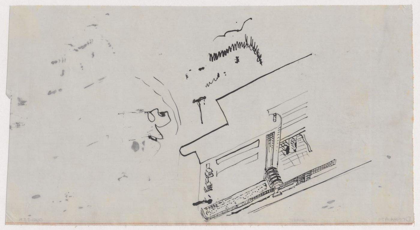 Bird's-eye sketch axonometric for Three-Family House, Brno, Czechoslovakia (now Czech Republic)