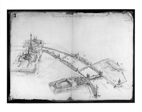 Perspective aérienne d'une proposition pour l'Exposition universelle de 1900, Paris