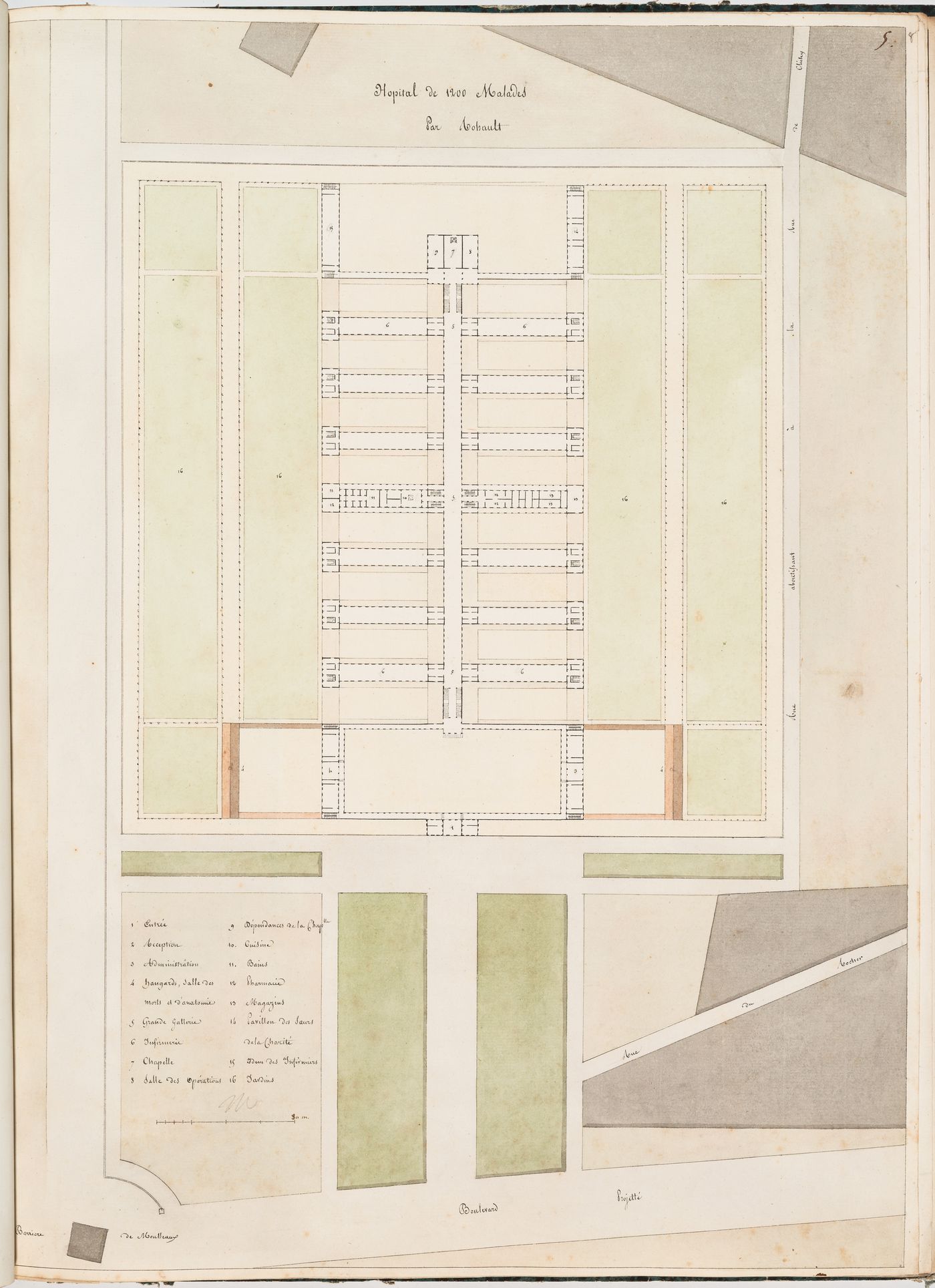 Ideal hospital for 1200 patients near the barrière de Monceau, Paris: Site plan number five