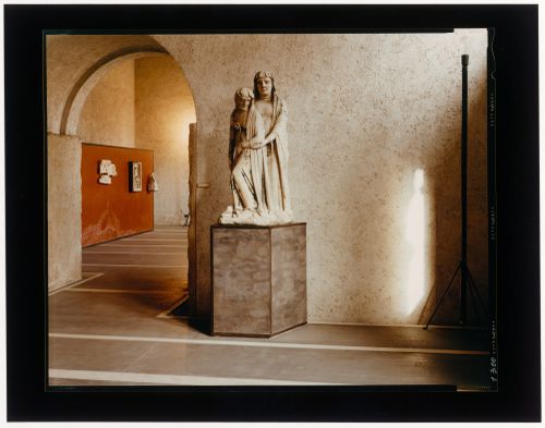Interior view of a gallery showing a statue with another gallery on the left, Museo di Castelvecchio, Verona, Italy
