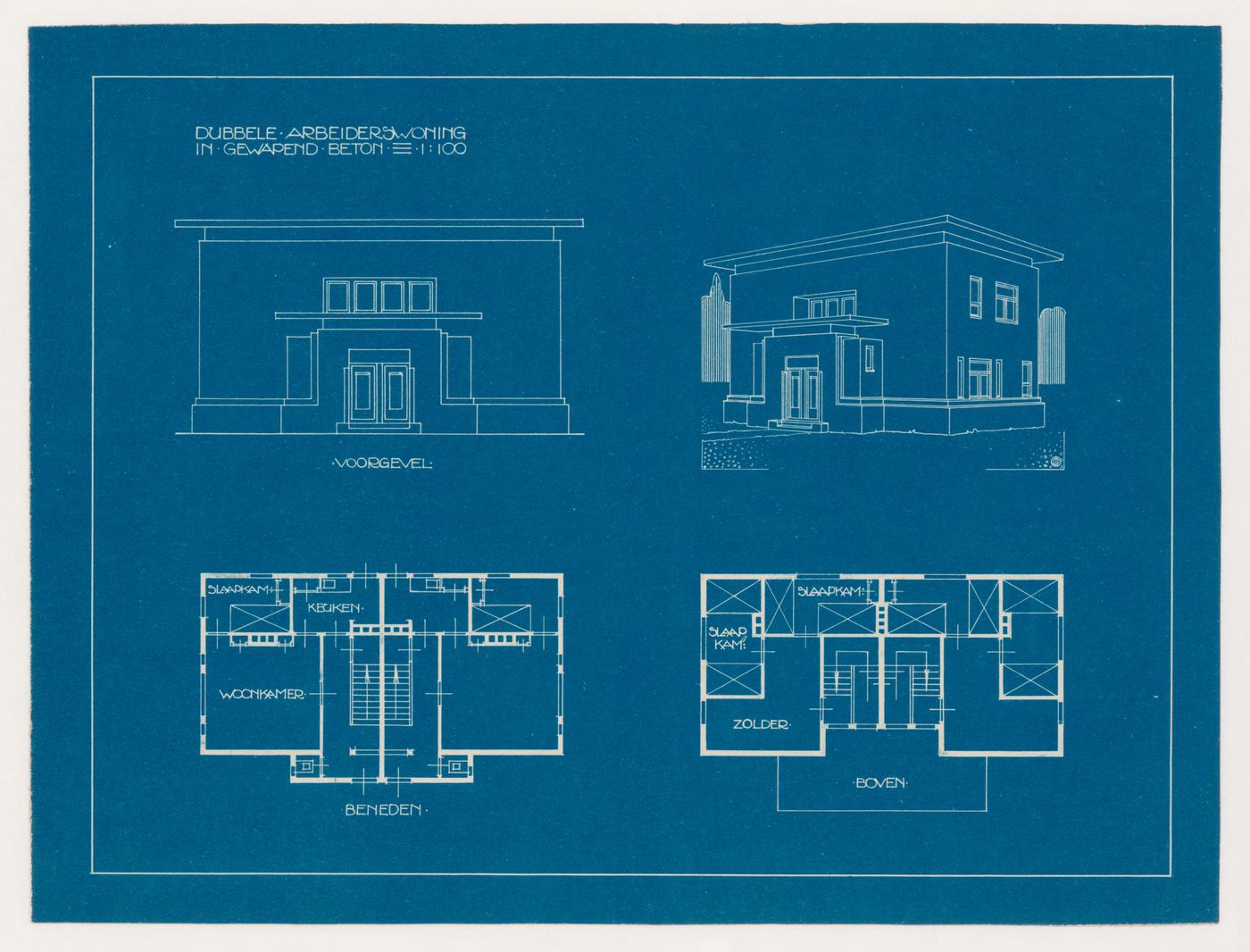 Plans, elevation, and perspective for a double worker's dwelling in reinforced concrete, Rotterdam, Netherlands