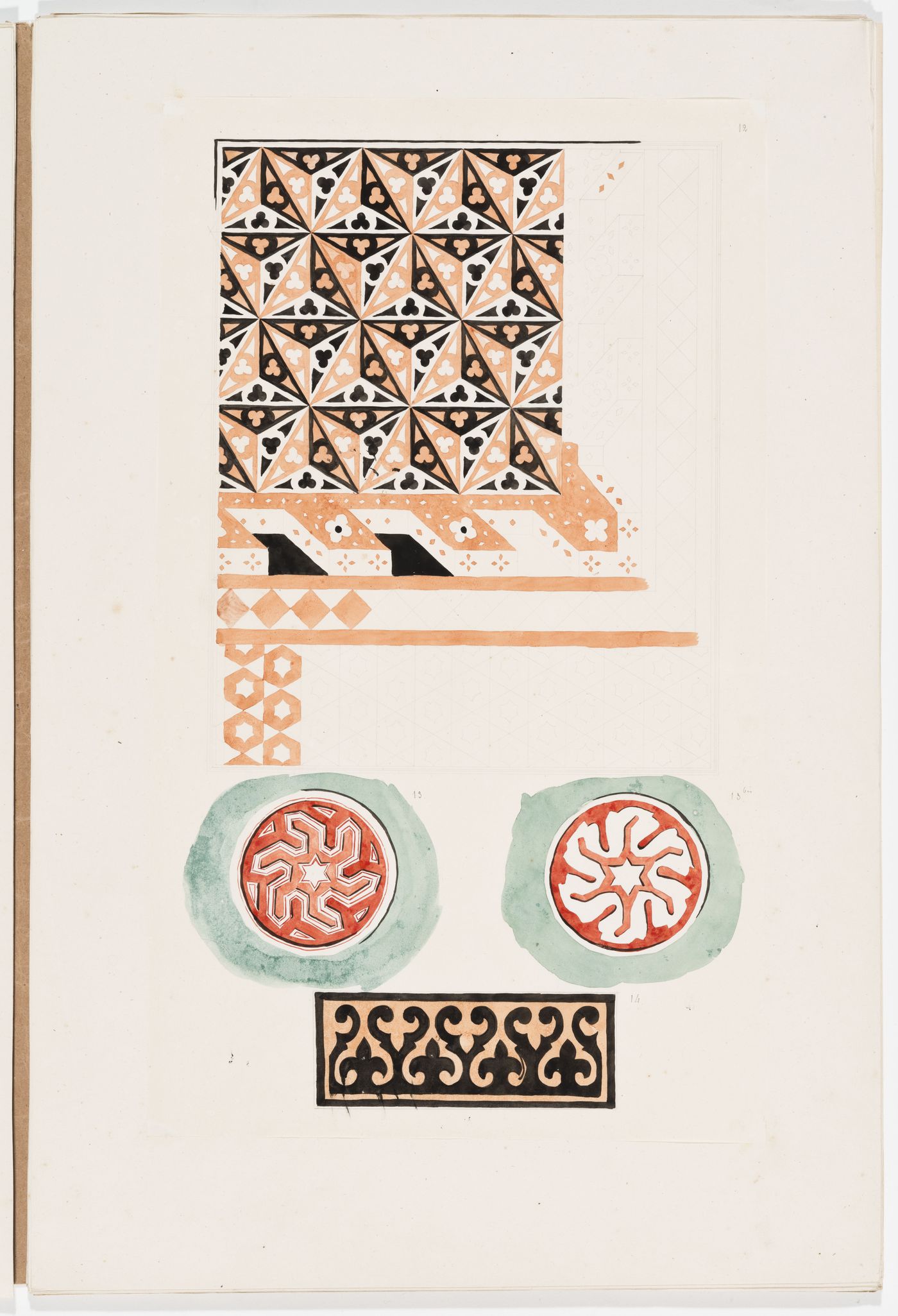 Ornament drawing of three panels decorated with geometric patterns and foliage