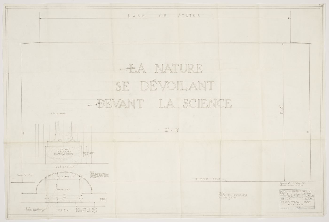 Montréal Neurological Institute, Montréal, Québec: drawing for marble base to statue in reception room