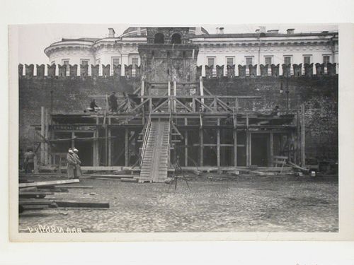 View of the second wooden Lenin Mausoleum under construction, Red Square, Moscow