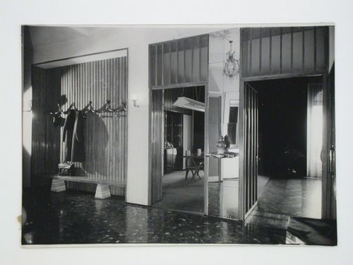 Interior view of Casa Orengo showing the entrance hall looking in two adjacent rooms, Turin, Italy