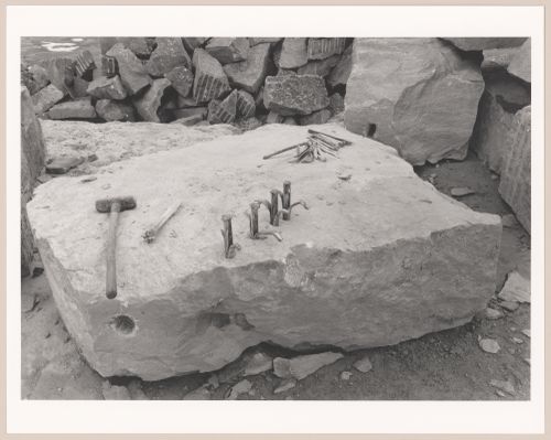 View of rock being prepared for splitting in limestone quarry, Saint-Marc-des-Carrières, Québec, Canada