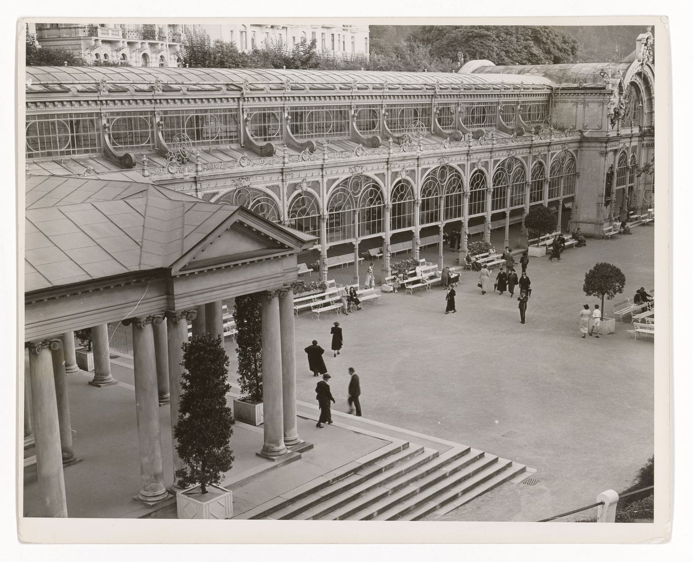 View of iron and glass patio and open square, from elevated viewpoint, Marienbad, Czech Republic