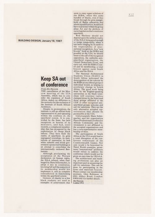 Newspaper clipping, "Keep SA out of conference"