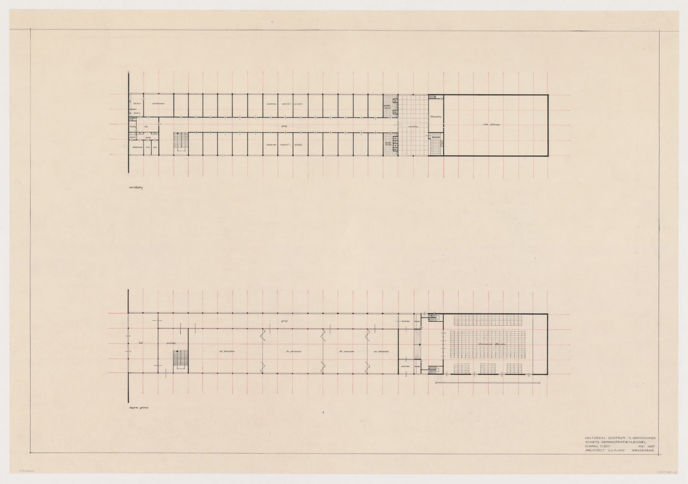 Ground and first floor plans for the cinema and administrative wing for the Congress Hall Complex, The Hague, Netherlands