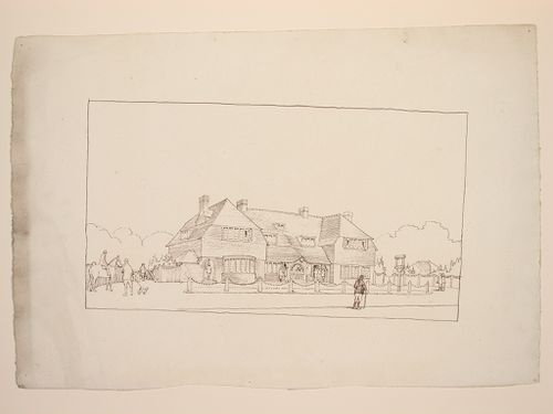 Perspectival view showing a large building set in the countryside, possibly a clubhouse