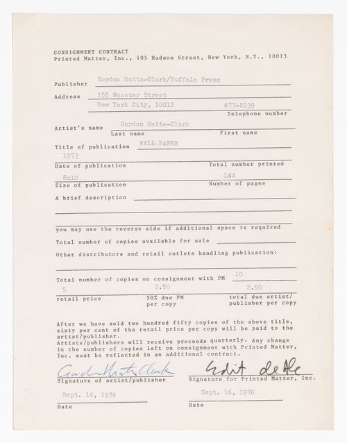 Consignment contract for the publication "Wall Paper"