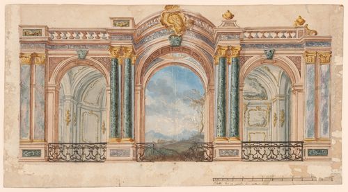 Presentation drawing for a stage set with a central trompe-l'oeil landscape