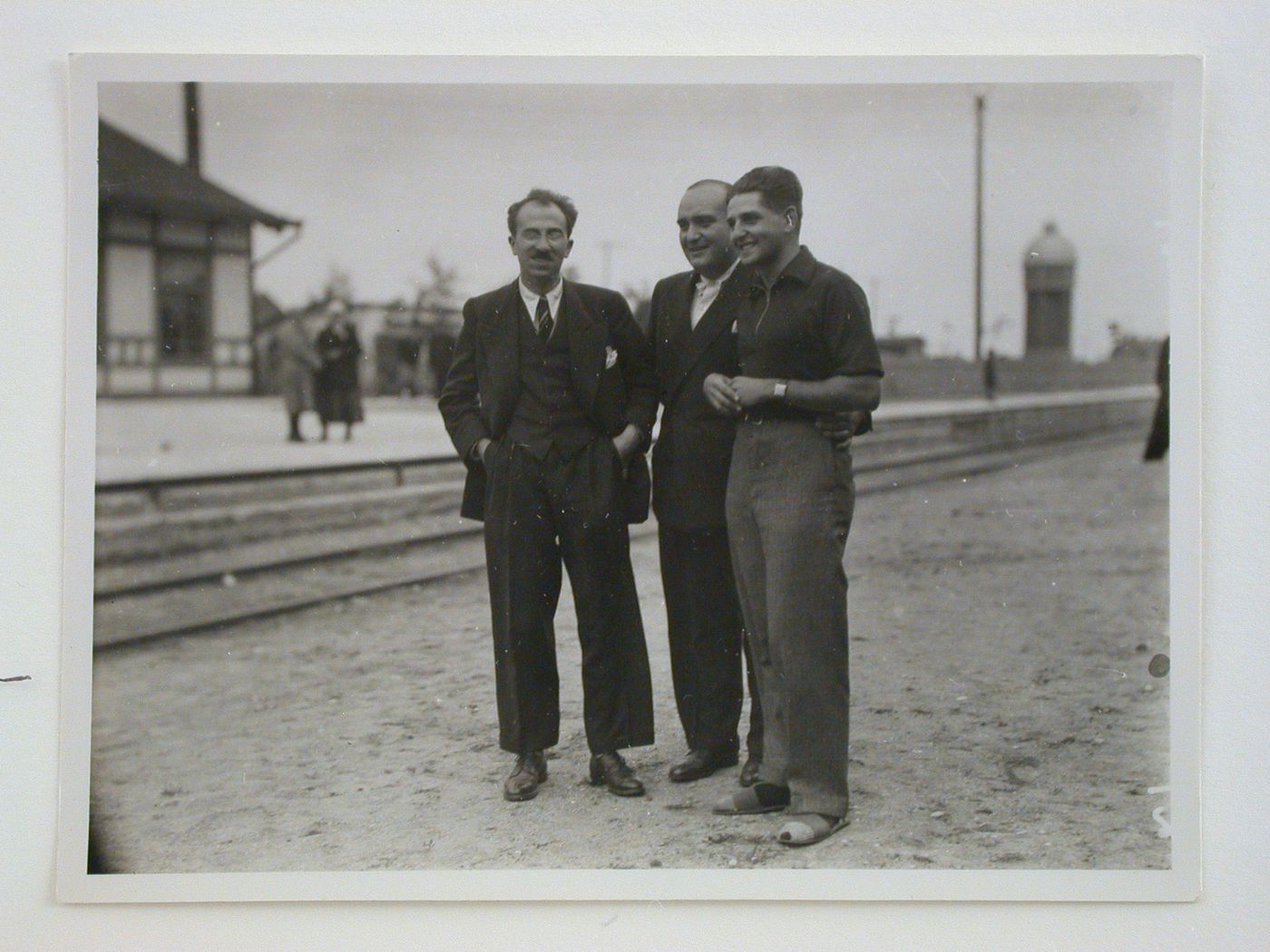 Group portrait of study tour members on a train stop, Hannover, Germany