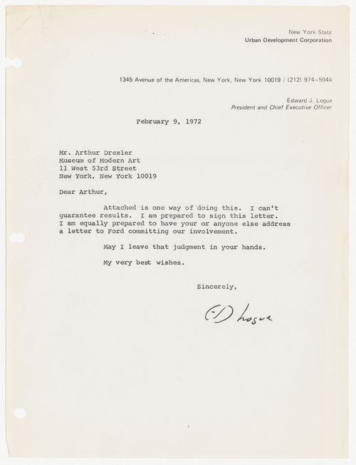 Letter from Edward J. Logue to Arthur Drexler with attached draft letter from Edward J. Logue to Louis Winnick soliciting a donation from the Ford Foundation