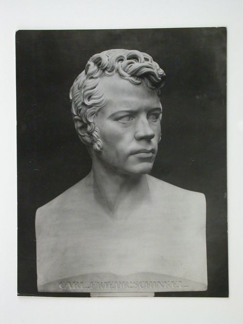Close-up view of a marble bust of Karl Friedrich Schinkel by Friedrich Tieck, Nationalgalerie, Berlin, Germany